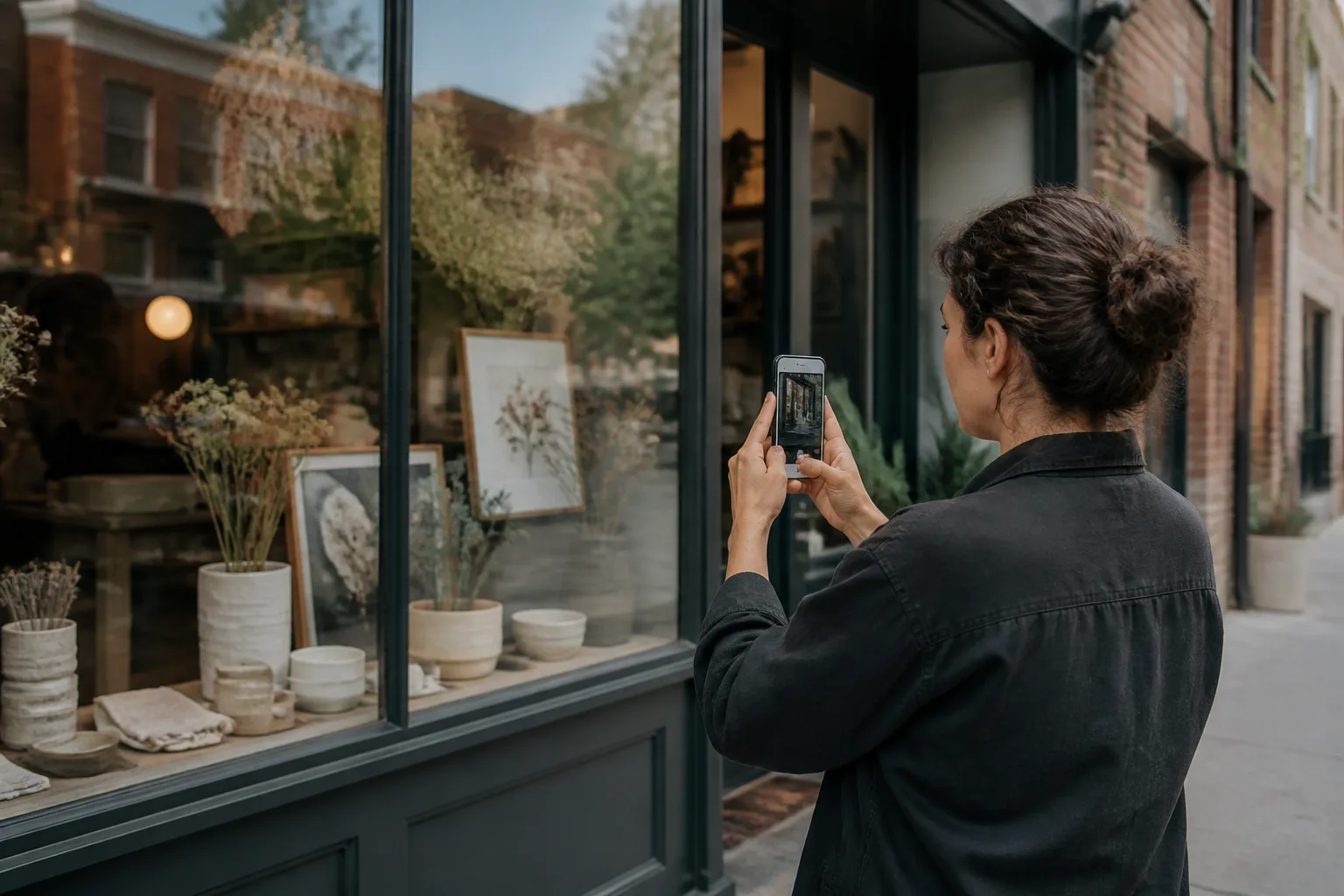 Shop owner photographing her storefront for a business profile