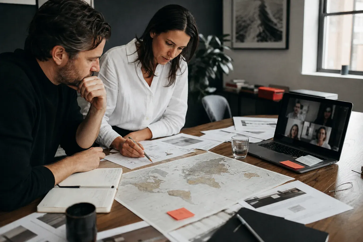 US business team evaluating international development collaborators