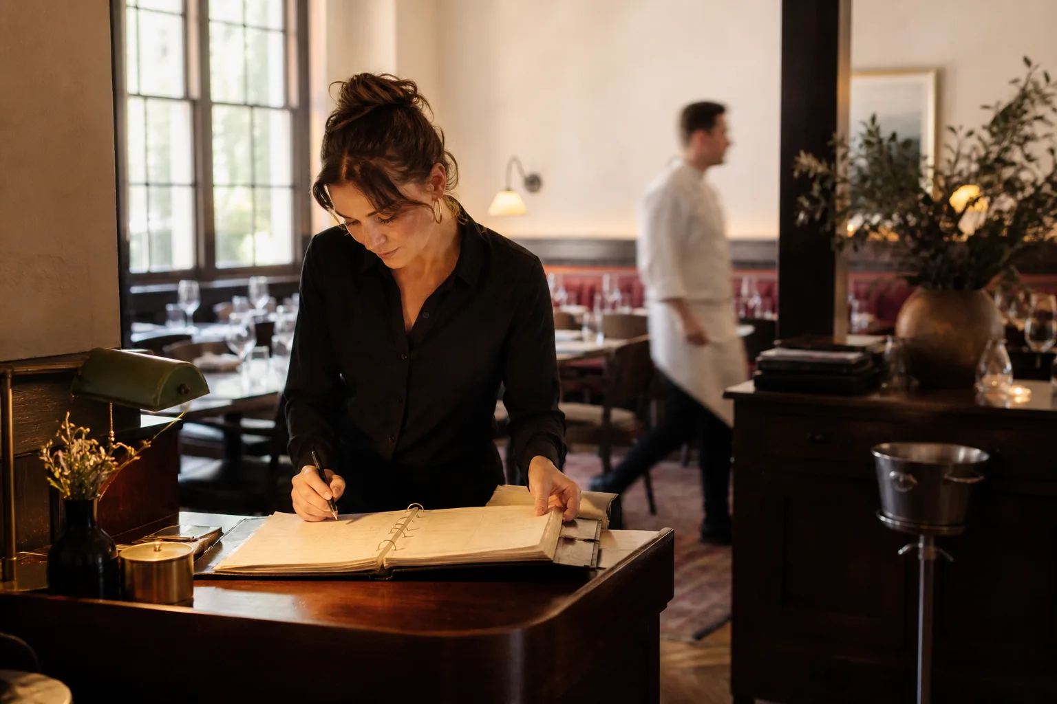 Restaurant host organizing reservations before opening
