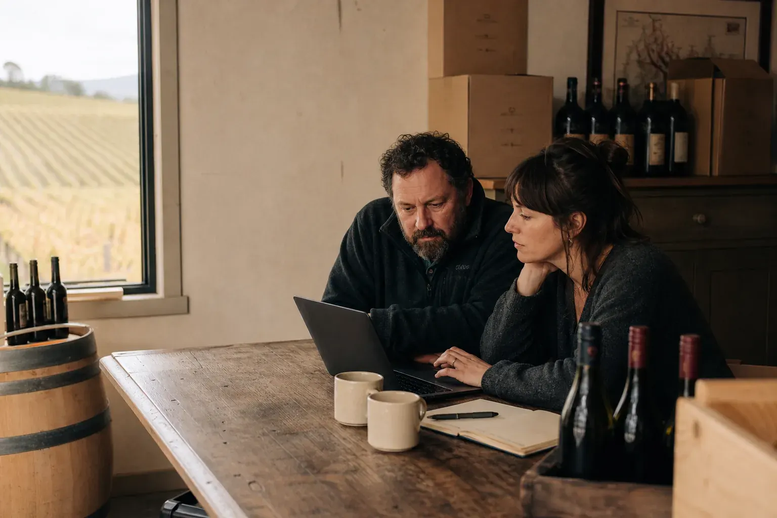 Winery owners reviewing their website at a tasting-room table