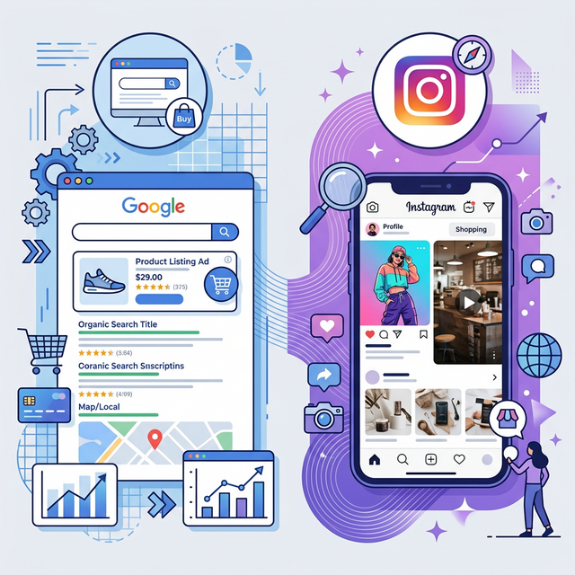 Logo de Google y logo de Instagram en una balanza comparativa para decisiones de PYMEs