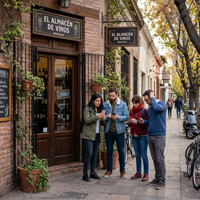 Negocio cerrado con cartel de 'Abierto' mientras clientes buscan en Google en sus celulares