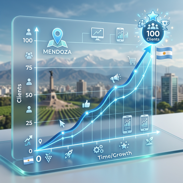 Gráfico de crecimiento con 100 clientes y estrategia digital para negocios en Mendoza