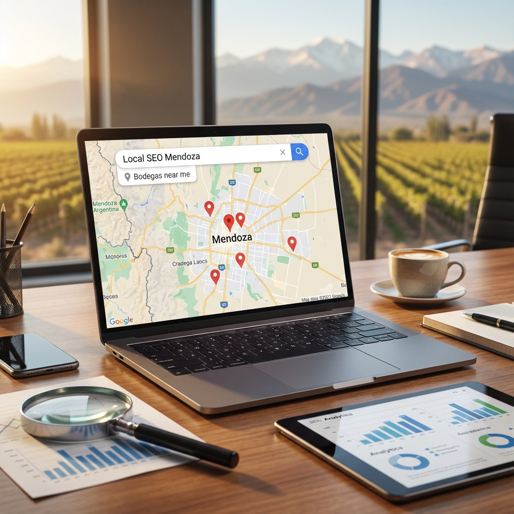 Mapa de Mendoza con pines de ubicación y gráficos de SEO local en una laptop