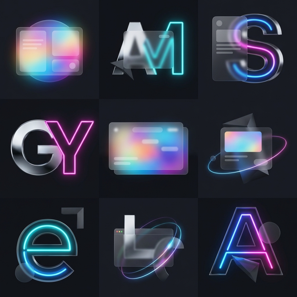 Collage de diseños web modernos con IA, 3D y minimalismo