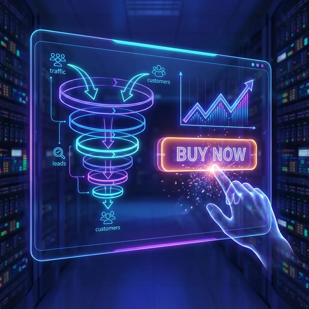 Futuristic digital interface showing conversion funnels and rising charts