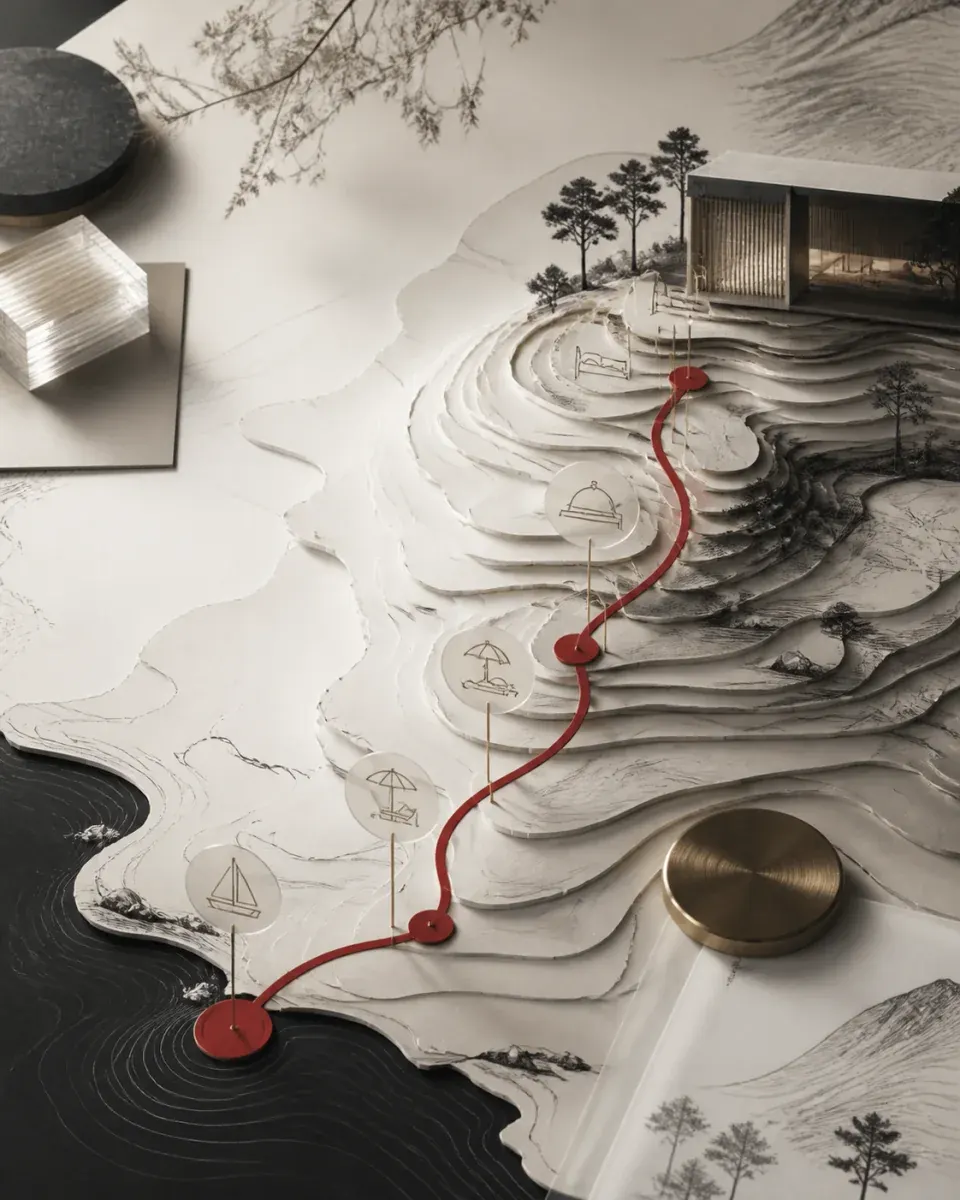 Tourism booking journey mapped across a sculptural destination landscape
